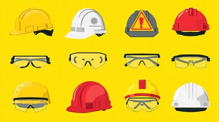 Fototapeta premium Different types of safety helmets and glasses shown on a yellow background for construction and industrial work