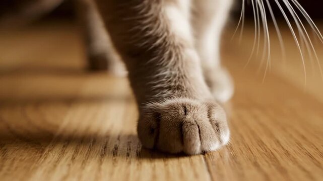 Cat's paw close-up on wooden floor with cat's legs and whiskers in background