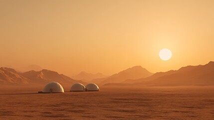 Fototapeta premium A serene desert landscape at sunset featuring dome-shaped structures, evoking a sense of isolation and exploration.