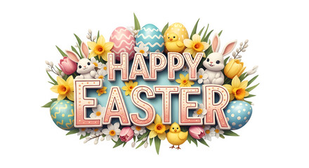 Fototapeta premium Happy easter greeting with bunnies and eggs isolated on transparent background