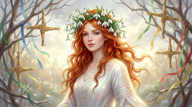 Brigit goddess with snowdrops crown, long red hair. Brigit goddess stands in forest decorated with Brigid's Crosses amulets, bright ribbons, symbolizing spring's renewal.