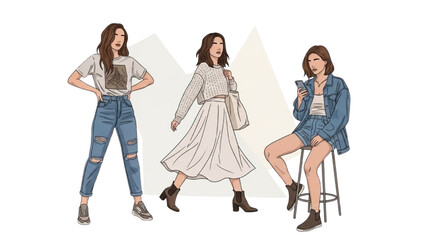 Fototapeta premium Three young women posing in different fashionable outfits and styles with confidence and poise in a minimalist setting from various viewpoints