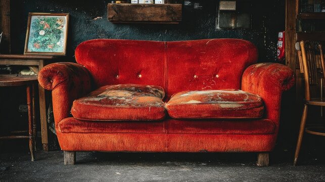 Old red couch with worn cushions sits in a dimly lit room.