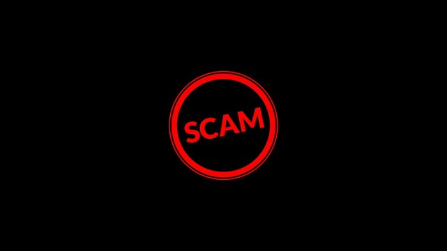 SCAM rubber stamp seal on transparent background, featuring a zoom and hit effect on a black screen background , warnings, and cautionary notices with alpha channel in 4k. 