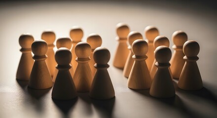 Group of wooden pawns standing together on table