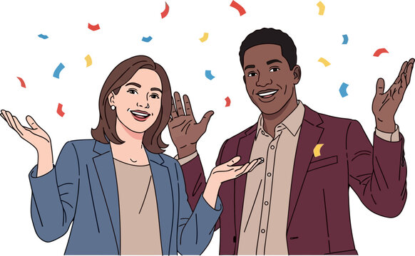Cheerful multiethnic business partners smiling with open arms under festive confetti