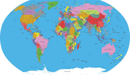 Detailed Political World Map with Countries and Continents - Colorful Global Atlas Illustration