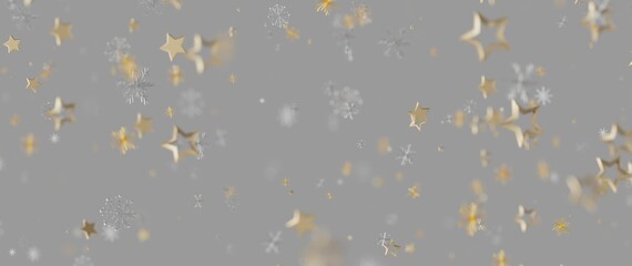 Festive gold stars and snowflakes falling on a gray background, perfect for holiday greetings and c © vegefox.com