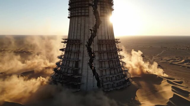 Sweeping aerial drone shot orbiting a colossal, fractured cylindrical tower surrounded by swirling desert sand and incomplete radial scaffolding genesis, vision, grand