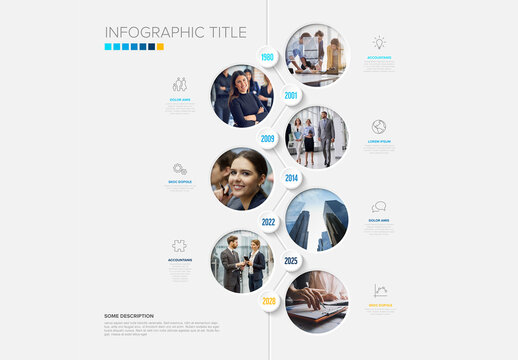 Modern Business Infographic Timeline with Professional Photo Placeholders and Data Points