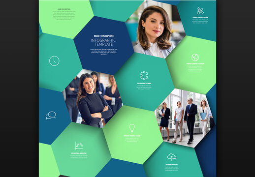 Business Infographic Template with Hexagonal Photo Placeholders