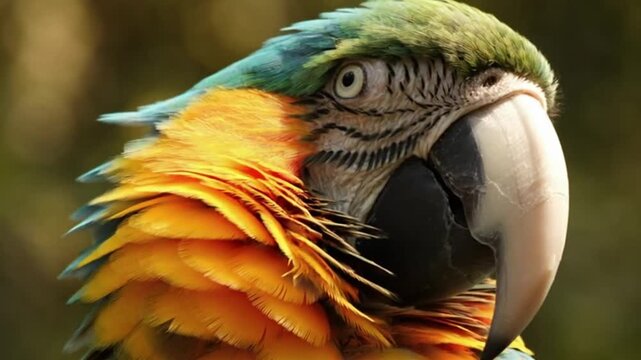 Vibrant parrot with green, yellow, and orange feathers looking to its right in a natural setting