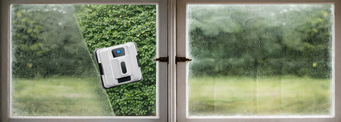 Custom vertical slats with your photo Dirty Window Glass and cleaning robot