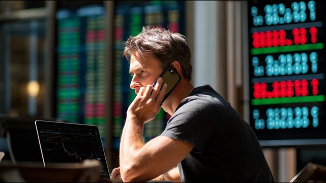 Serious businessman negotiating a financial deal on his phone while analyzing stock market charts