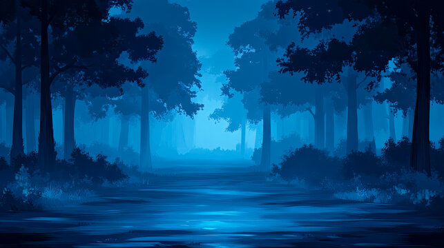 Captivating journey into enchanted twilight forest, where majestic trees stand tall amidst serene blue mist, their silhouettes reflecting on shimmering, wet ground, creating mystical and tranquil drea