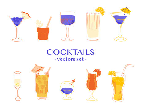 Ensemble de verres &agrave; cocktails, avec pailles, fruit et d&eacute;co.  Illustration &agrave; la main, boissons classiques pour mocktails et cocktail. Couleurs fantaisiste id&eacute;ale pour l'&eacute;t&eacute;