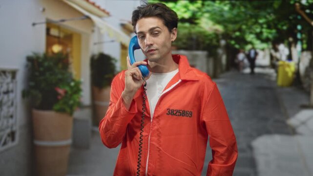 Man holds blue handset to ear in orange inmate jumpsuit with id number on a narrow sunny street; quiet contemplation.