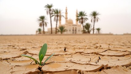 Lone green sprout emerges from cracked desert earth with palm trees and mosque in background
