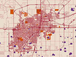Naklejka premium Street network map of Amarillo, Texas, featuring minimal cream city base with wine-red streets, terracotta accents and soft purple water areas