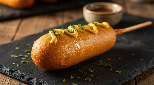 A golden-brown, crispy corn dog, perfectly fried and topped with a savory mustard drizzle, presented as a classic American street food concept