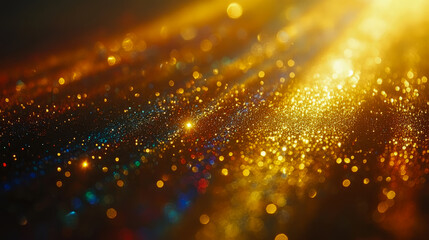 Obraz premium Spectacular deep gold glitter texture illuminated by dramatic lens flare beams, featuring shimmering bokeh circles and vibrant sparkling dust on dark abstract background.