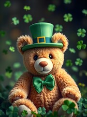 cute st. patrick's day teddy bear with green leprechaun hat and a bow tie surrounded by floating shamrocks