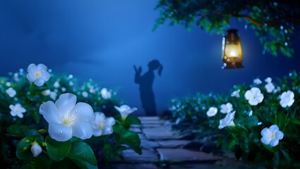 Mysterious shadow of a person stands on a garden path near white flowers and a glowing lantern at night