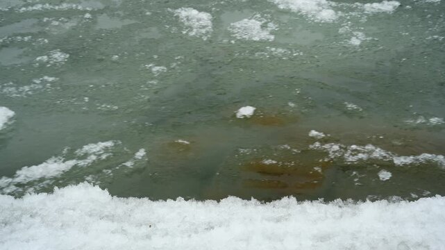 River ice tumbles past in gentle current