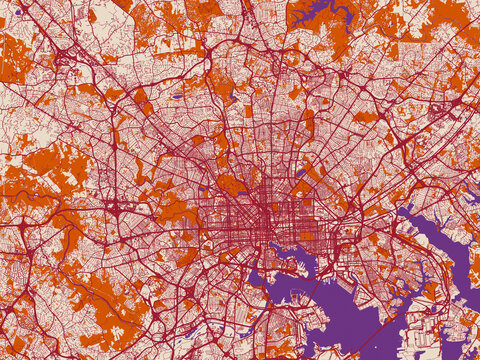 Urban map poster of Baltimore Metro, Maryland with soft cream background with burgundy street lines, warm terracotta land blocks and muted violet water
