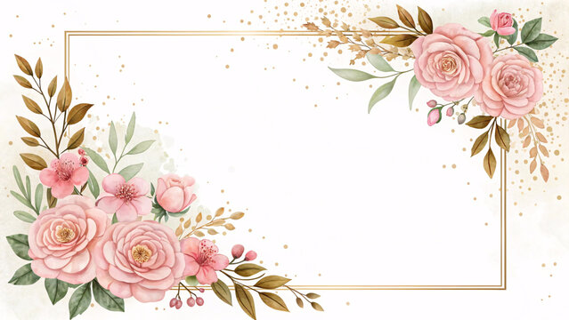 Elegant Floral Frame with Pink Roses and Gold Border &ndash; Wedding Invitation Background