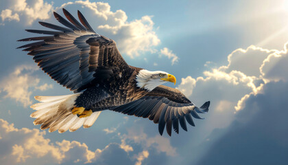 Obraz premium Majestic Bald Eagle Soaring Through Sunlit Clouds