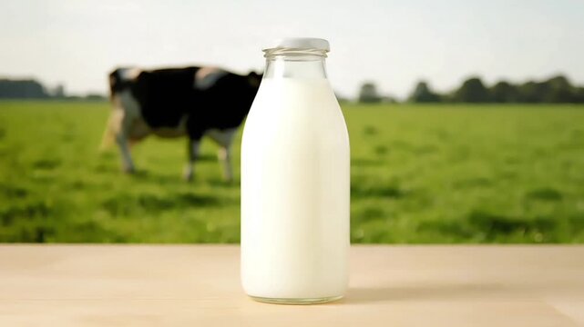 Glass bottle of milk on a wooden table with a cow grazing in a green field in the background.