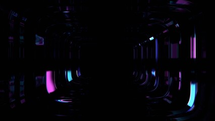 Dark glass tunnel with color refraction effect, 3d render	