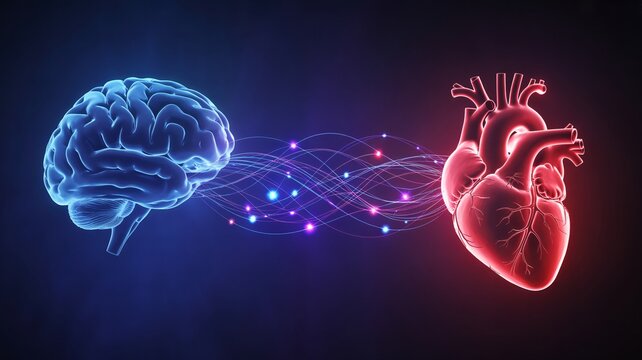 Glowing blue brain connected to red heart with sparkling neurons and fiber optic threads symbolizing ai emotion concept