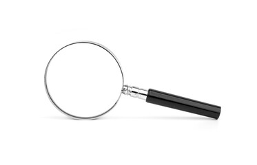 Classic magnifying glass with black handle isolated on white background.