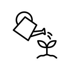 Watering can pouring a plant, linear icon. Gardening, growth, agriculture and nature care concept. Line with editable stroke