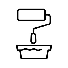 Paint roller with tray, linear icon. Home renovation, wall painting, interior design and DIY improvement. Line with editable stroke