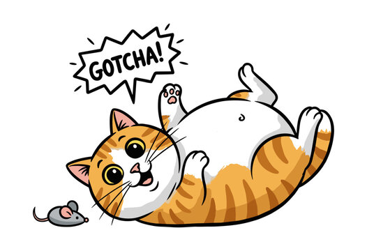 Playful ginger cat catching mouse with gotcha speech bubble
