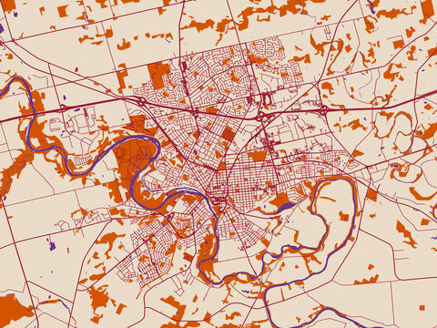 Minimal city map of Brantford, Ontario with warm boho color palette
