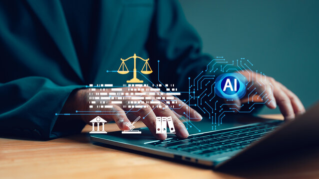 User working on laptop with AI brain and scales of justice icon. Concept of digital legal technology, cyber law regulation, automated justice system, artificial intelligence ethics, and compliance.