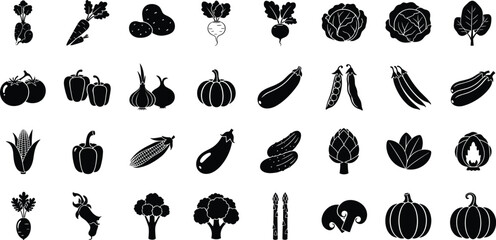 Collection of various vegetable icons in black silhouette