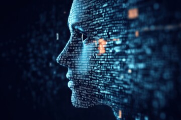 Glowing digital profile emerging from particles