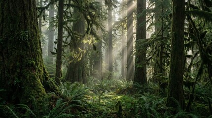 Fototapeta premium Sunlight Filtering Through Dense Green Forest with Tall Trees and Lush Ferns, Peaceful Natural Woodland Landscape