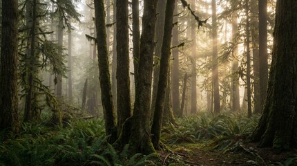 Fototapeta premium Sunlight Filtering Through Dense Green Forest with Tall Trees and Lush Ferns, Peaceful Natural Woodland Landscape