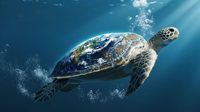 Turtle Swimming Underwater with Earth Element in Shell Representing Environmental Awareness