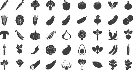 Set of 35 black vegetable icons on white background