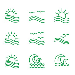 Obraz premium Set of nine green line depicting sun waves and birds line sun