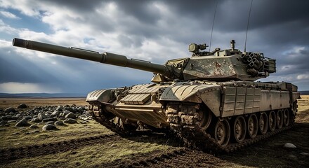 Fototapeta premium Powerful main battle tank stationed on a rugged battlefield under a dramatic storm sky.