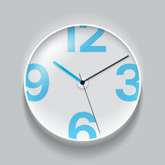 Simple clock in realistic flat style, with arrow and big numbers. Watch on gray background. Business time. Vector design element for you project