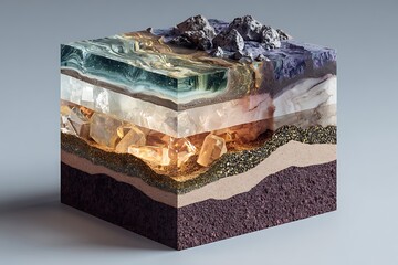 Geological cross-section block showing earth layers and crystals